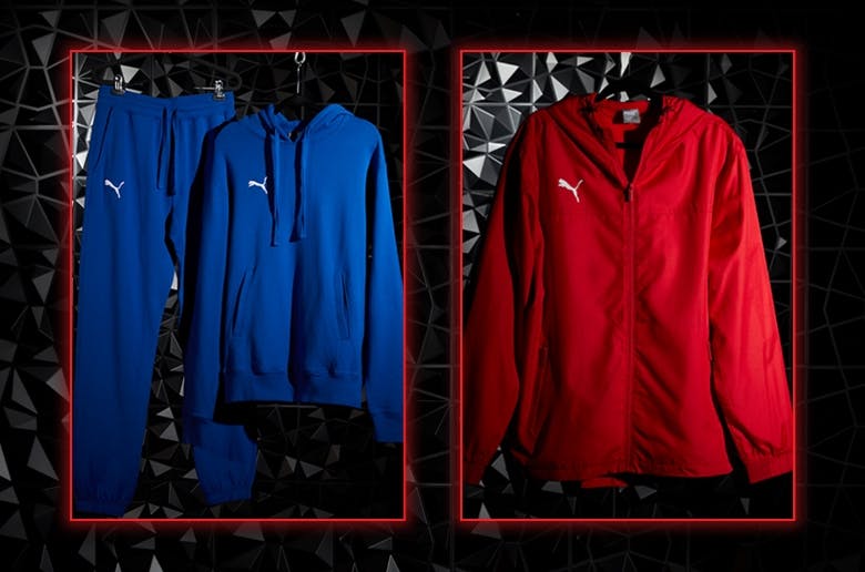 PUMA team apparel in blue and red