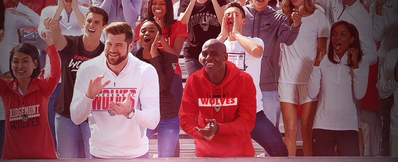 Hero image showing fans cheering at a sporting event and wearing their team's custom gear they received through a BSN SPORTS fanwear shop