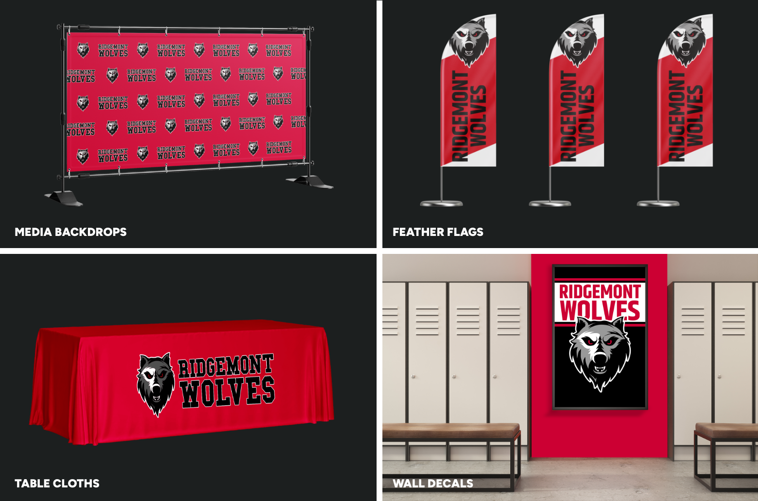 Campus Branding collage of products highlighting media backdrops, feather flags, table cloths and wall decals