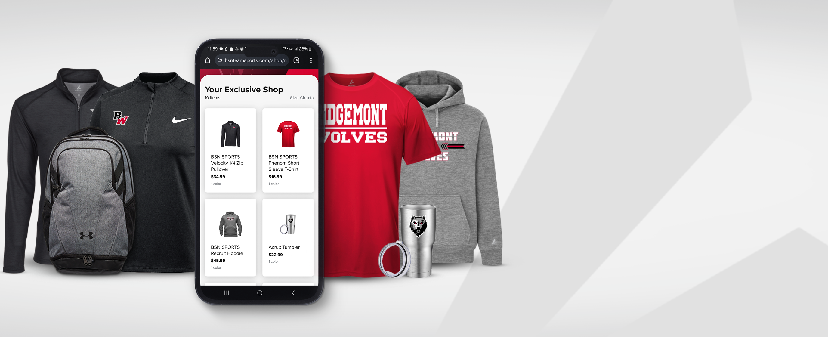 Hero image showing the My Team Shop platform on an iPhone as well as customized team gear featured on a My Team Shop