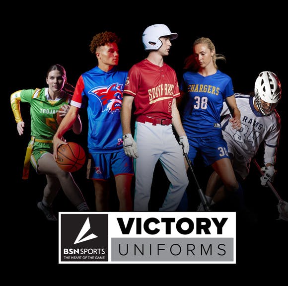 Athletes wearing BSN SPORTS Victory uniforms for flag football, basketball, baseball, soccer, and hockey