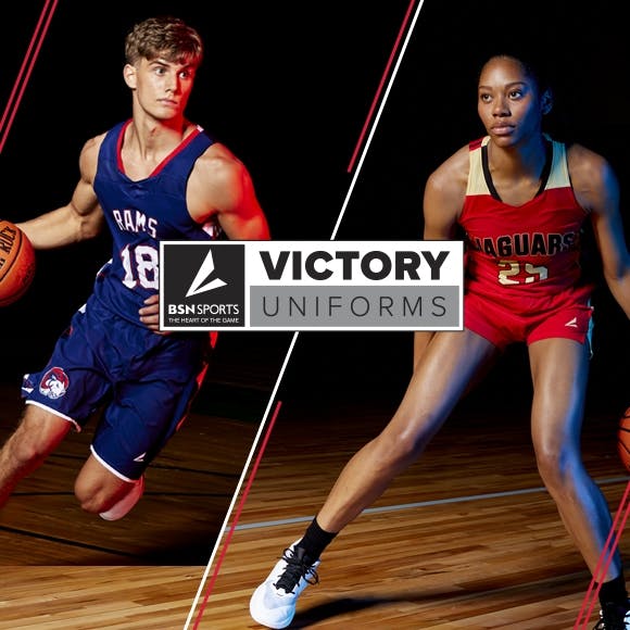 Men's and women's basketball players in action wearing custom BSN SPORTS Victory uniforms