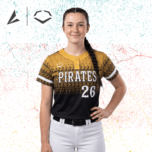 a softball player wearing a custom BSN SPORTS EvoShield jersey with the word "Pirates" going across the chest