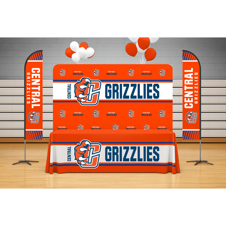 Custom branded campus branding items such as tablecloths, feather flags, and media backdrops