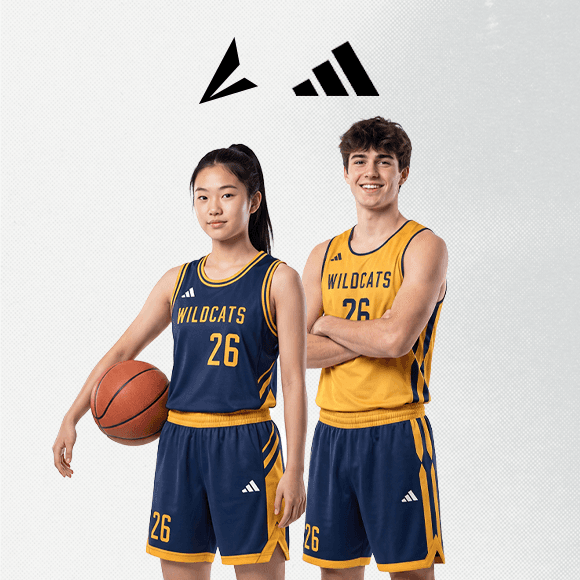 two basketball players standing in custom uniforms from adidas with the BSN SPORTS logo and adidas logo above them