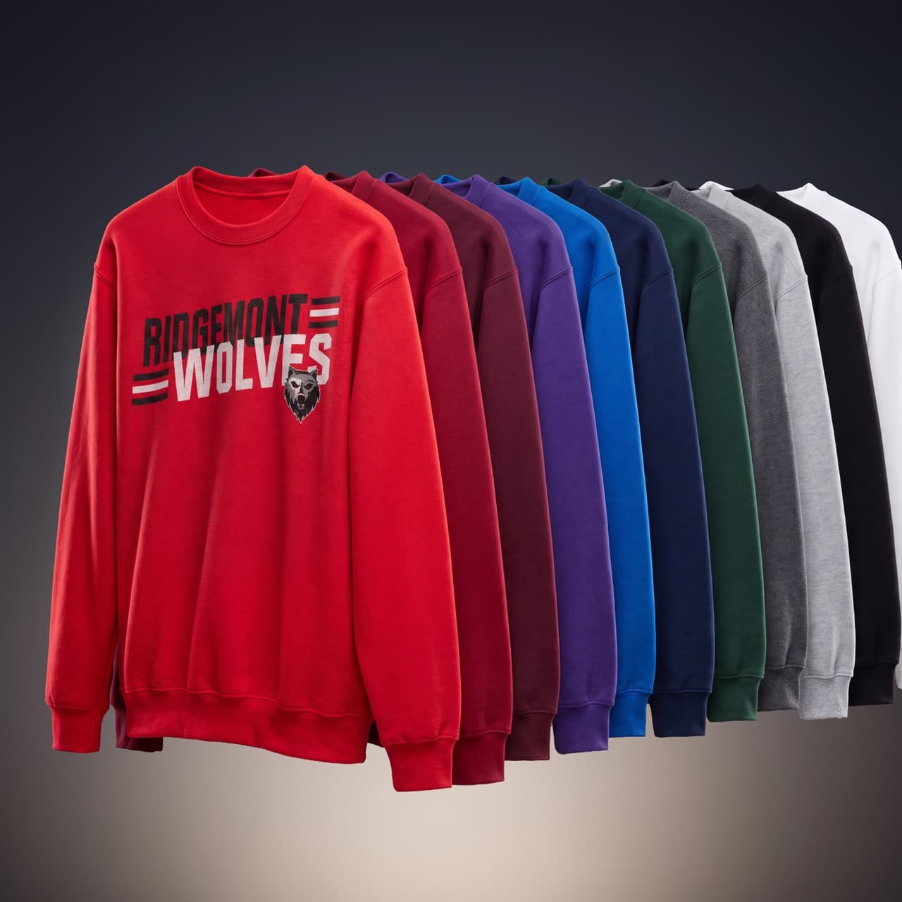 an assortment of custom BSN SPORTS fleece apparel in various colors and branded with team mascot