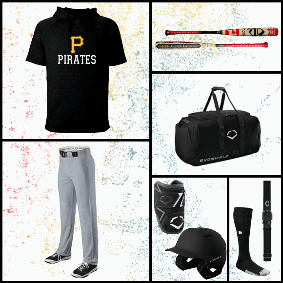 an assortment of baseball gear including a hitting shirt, bats, pants, helmets and guards, and an EvoShield branded baseball bag