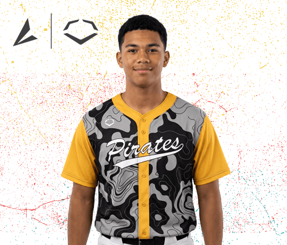 a baseball player wearing a custom BSN SPORTS EvoShield jersey with the word "Pirates" going across the chest