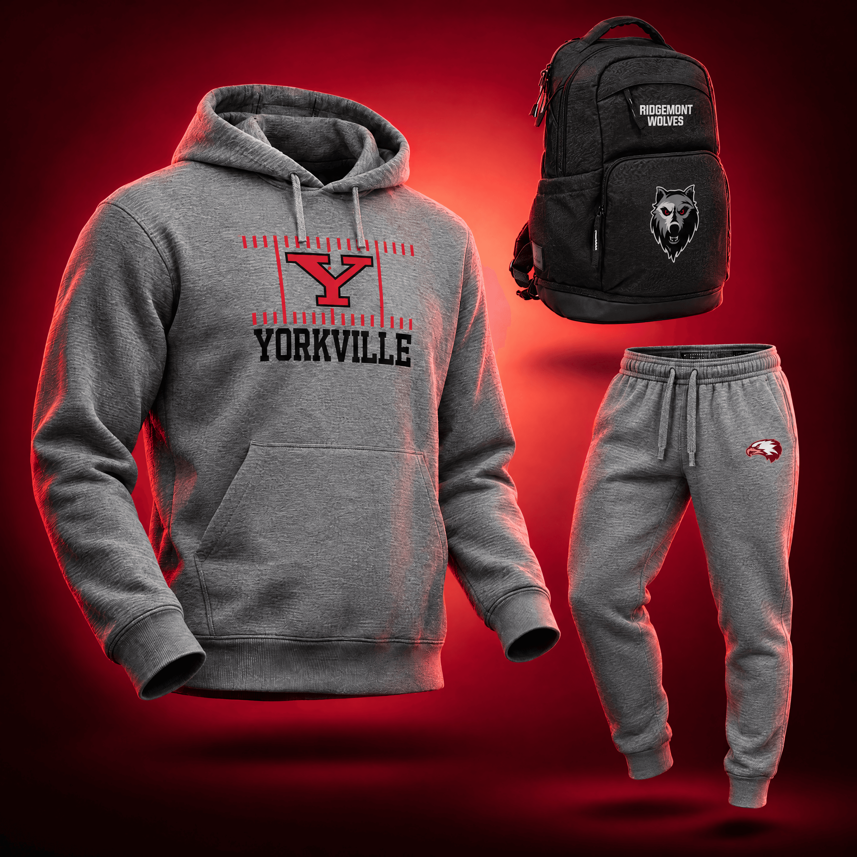a custom branded fleece hoodie and sweatpants with a custom branded backpack from BSN SPORTS