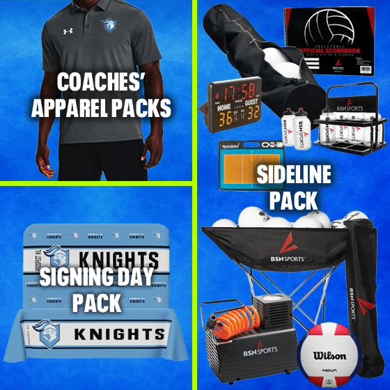 prize options highlighting coaches apparel packs, signing day packs, and sideline packs, showing apparel, custom branded signing day items and volleyball sideline items like volleyballs, water bottles, coaches boards and more