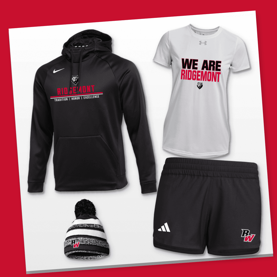 BSN SPORTS branded black hoodie, white T-shirt, black adidas shorts, and knit beanie featuring red, black, and white team graphics.