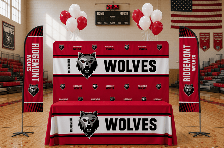 custom branded signing day kit gear including branding flags, banners, back drops, and table clothes