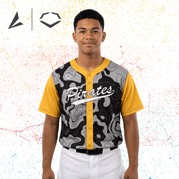 a baseball player wearing a custom BSN SPORTS EvoShield jersey with the word "Pirates" going across the chest