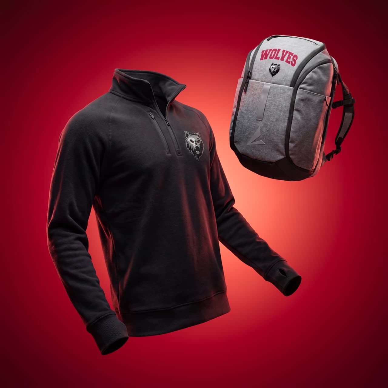 a black BSN SPORTS fleece long-sleeve quarter zip and a gray BSN SPORTS custom branded backpack on a red background