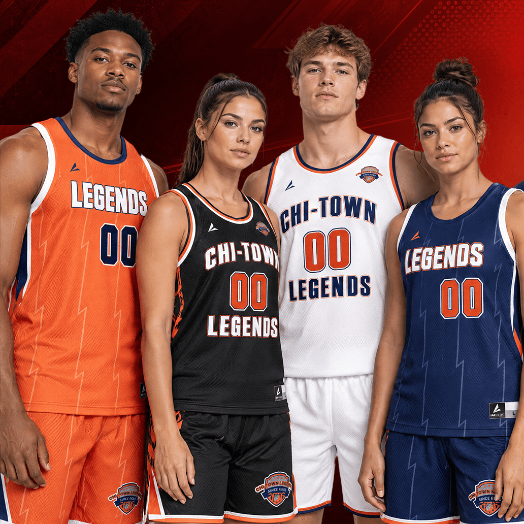 men's and women's basketball players wearing BSN SPORTS basketball jerseys in an assortment of colors and styles