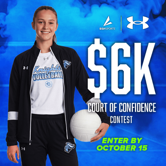 a woman volleyball player wearing a custom Under Armour volleyball shirt and jacket from BSN SPORTS and holding a volleyball