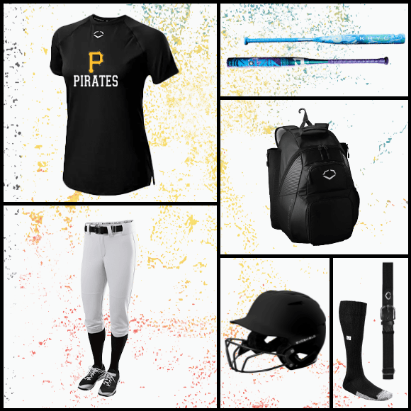 an assortment of softball gear including a hitting shirt, bats, pants, helmets and guards, and an EvoShield branded softball bag