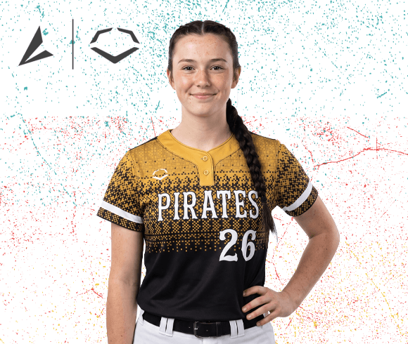 a softball player wearing a custom BSN SPORTS EvoShield jersey with the word "Pirates" going across the chest