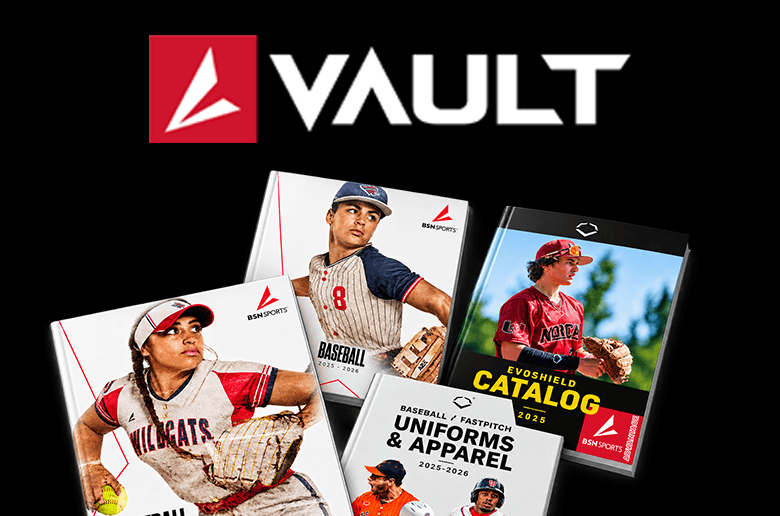 an assortment of shopping catalogs promoting BSN SPORTS VAULT catalogs for EvoShield branded baseball and softball items